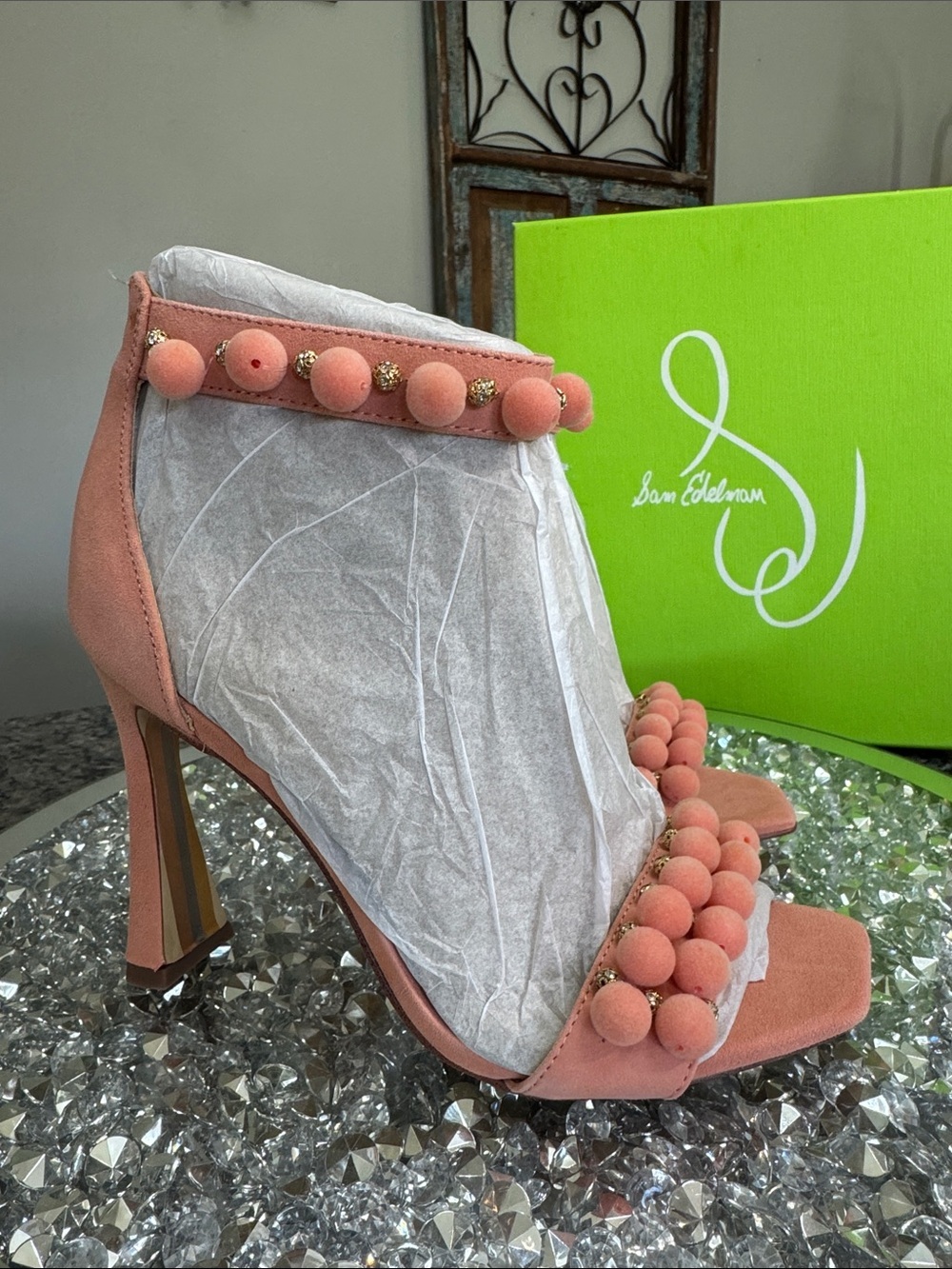 Sam Edelman Coral Pink Pom-Pom Suede High Heel Sandals NEW